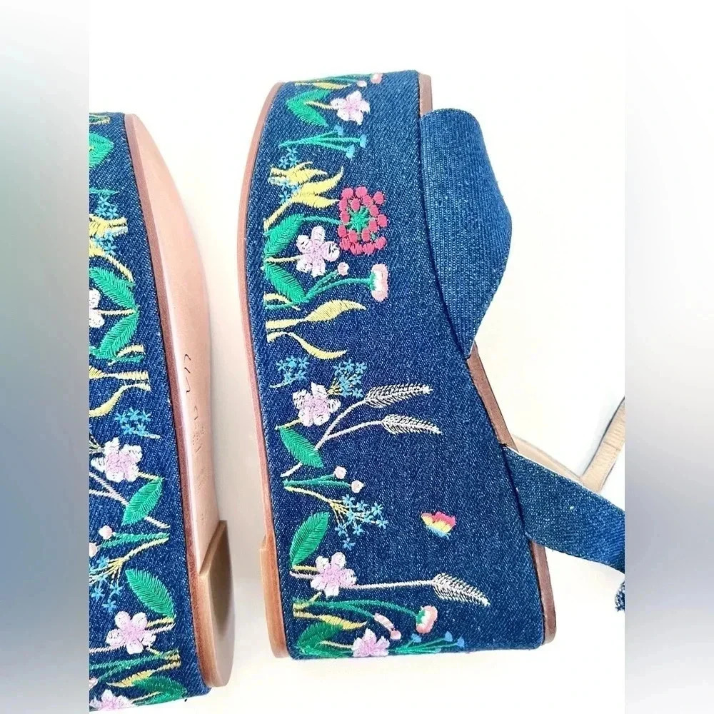 Etienne Aigner Sofhia Floral Embroidered Denim Platform Strappy Shoes‎ Size 6.5 - Picture 13 of 16